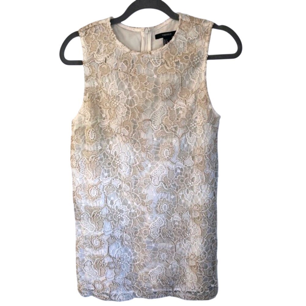 Forever 21 Womens Lace Overlay Sleeveless Dress White Gold Size S Mini Party